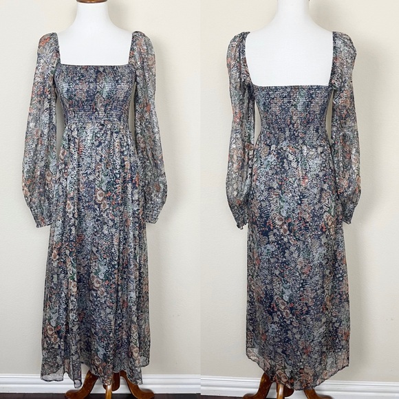 o.p.t Classic Smocked Maxi Dress in Blue Lurex - Picture 4 of 12